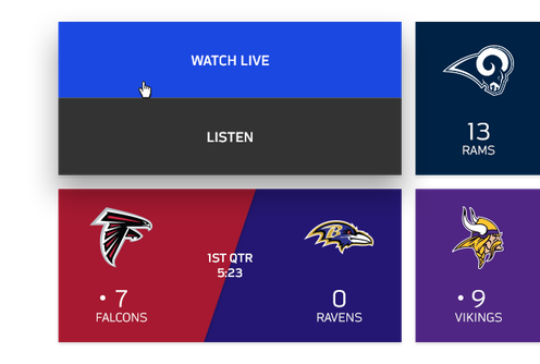 Live game tiles with Watch Live and Listen buttons and a live Falcons vs Ravens score